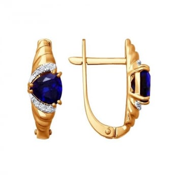 Серьги из золота с бриллиантами и корундами сапфировыми (синт.)